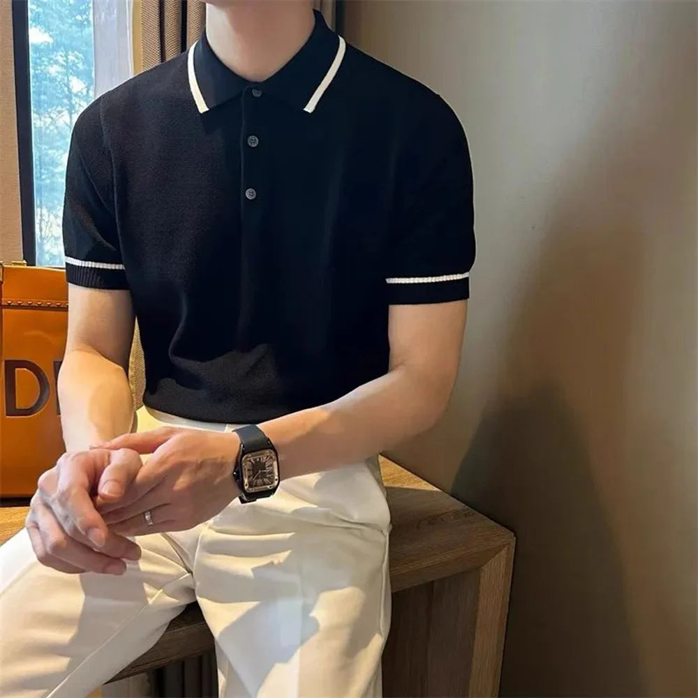 Mens Polo Shirt Knitted Office Work Daily Casual Short Sleeve Tops Ribbed Cuffs Slim Fit Fashion T Shirt Light Mature Style Mens