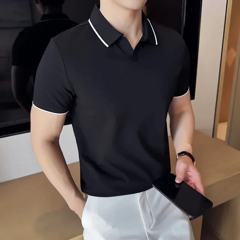 Men Polo Shirt Summer Light Thin British Style Solid Casual Slim Fit Short Sleeved Top T-shirt Fashion Streetwear Men Clothing