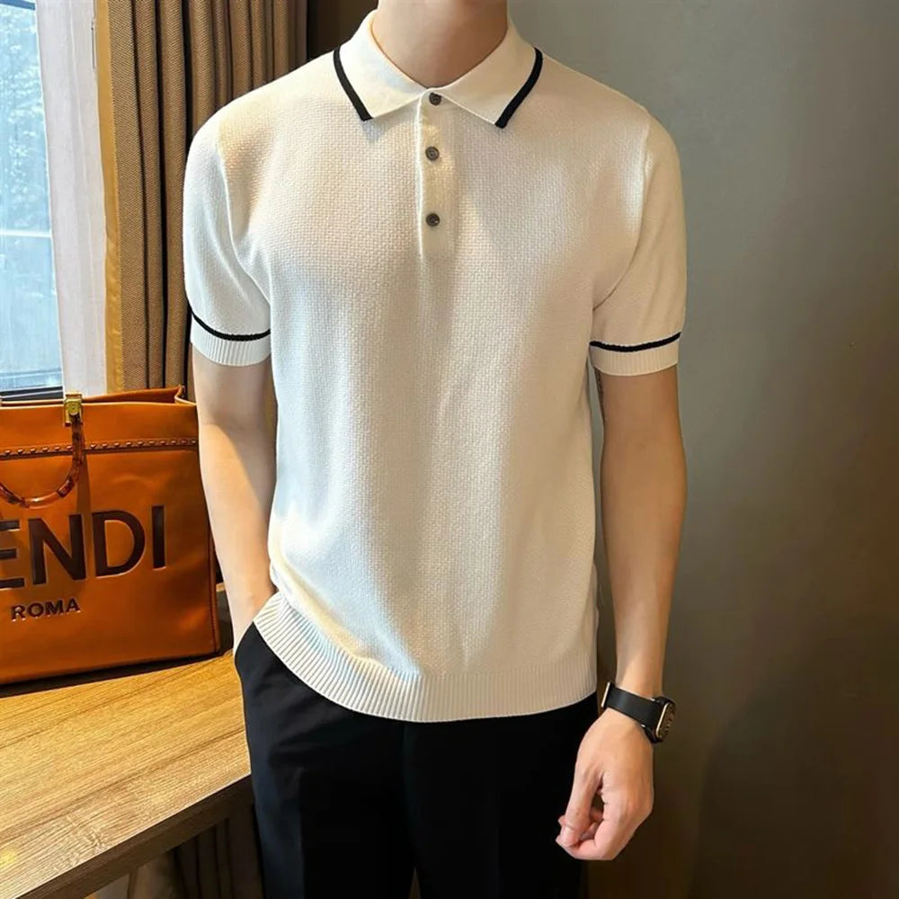 Mens Polo Shirt Knitted Office Work Daily Casual Short Sleeve Tops Ribbed Cuffs Slim Fit Fashion T Shirt Light Mature Style Mens