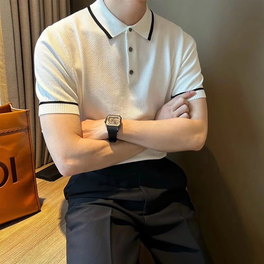 Mens Polo Shirt Knitted Office Work Daily Casual Short Sleeve Tops Ribbed Cuffs Slim Fit Fashion T Shirt Light Mature Style Mens
