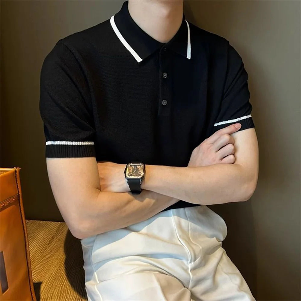 Mens Polo Shirt Knitted Office Work Daily Casual Short Sleeve Tops Ribbed Cuffs Slim Fit Fashion T Shirt Light Mature Style Mens