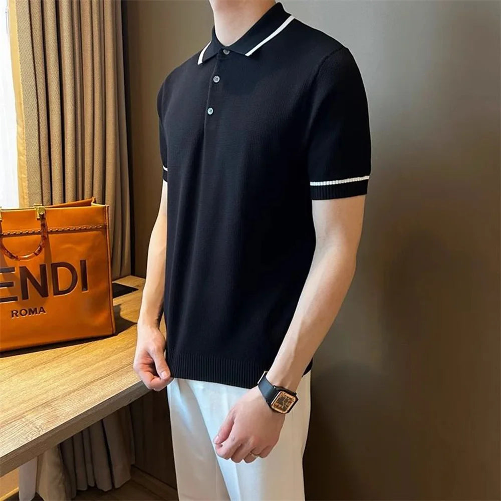 Mens Polo Shirt Knitted Office Work Daily Casual Short Sleeve Tops Ribbed Cuffs Slim Fit Fashion T Shirt Light Mature Style Mens