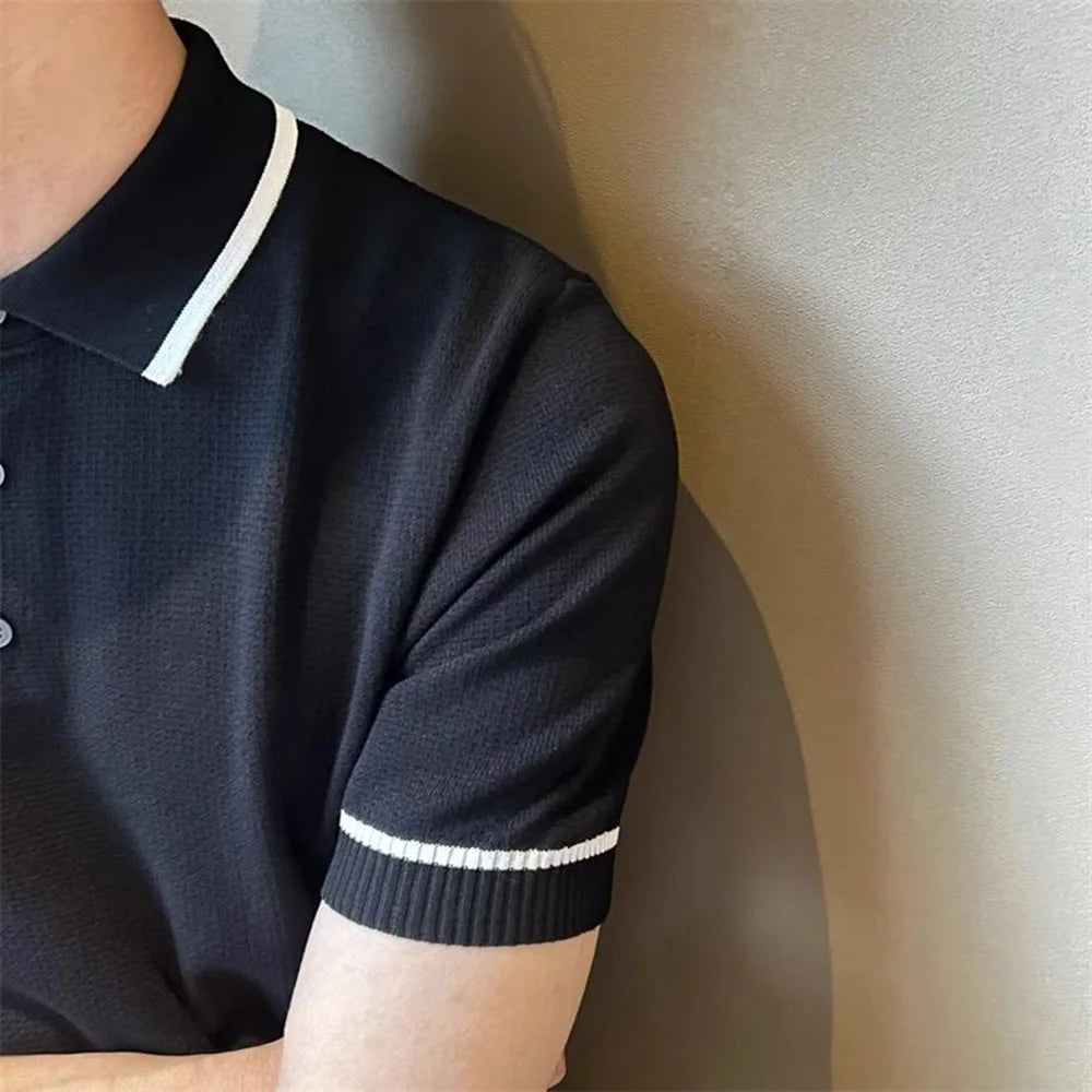 Mens Polo Shirt Knitted Office Work Daily Casual Short Sleeve Tops Ribbed Cuffs Slim Fit Fashion T Shirt Light Mature Style Mens