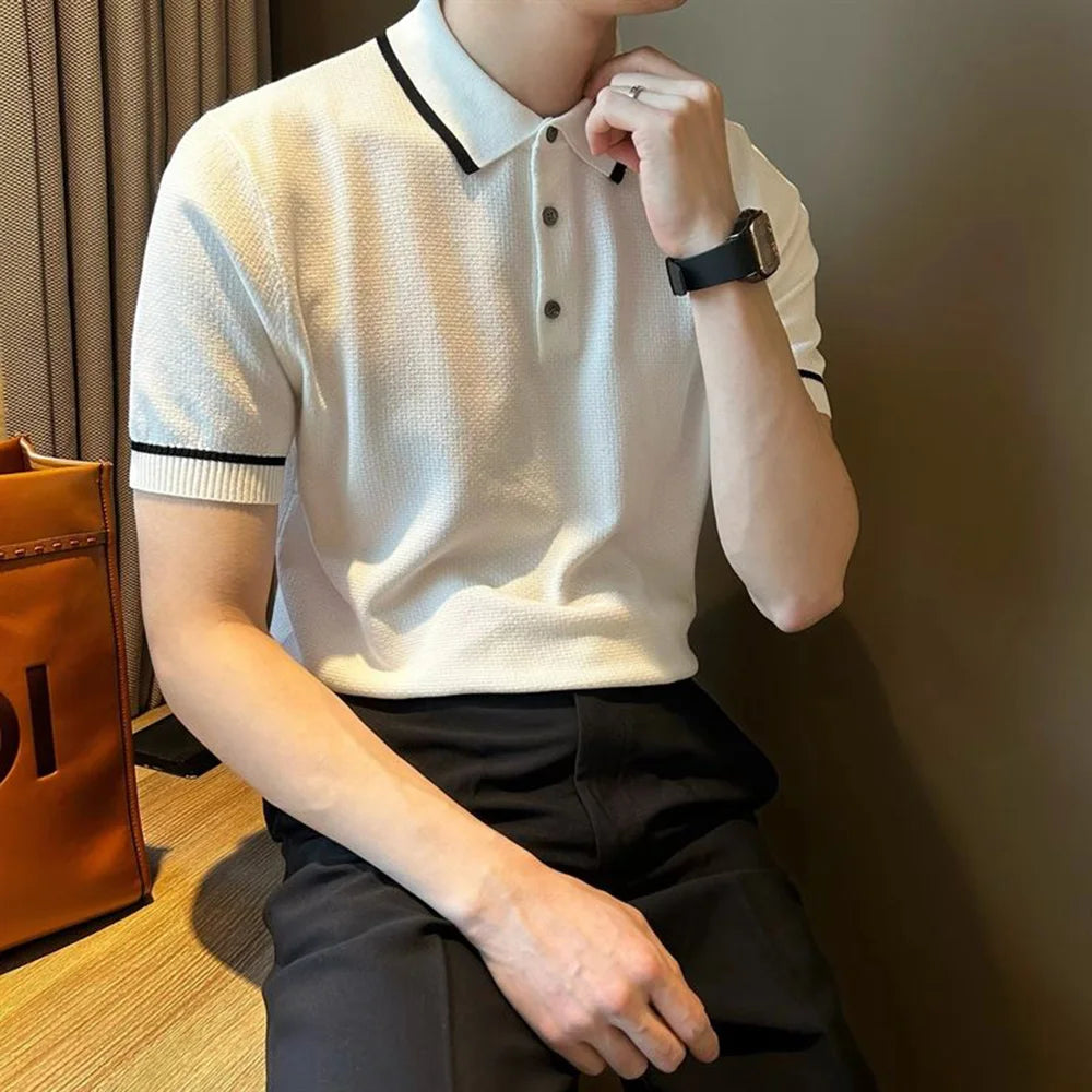 Mens Polo Shirt Knitted Office Work Daily Casual Short Sleeve Tops Ribbed Cuffs Slim Fit Fashion T Shirt Light Mature Style Mens