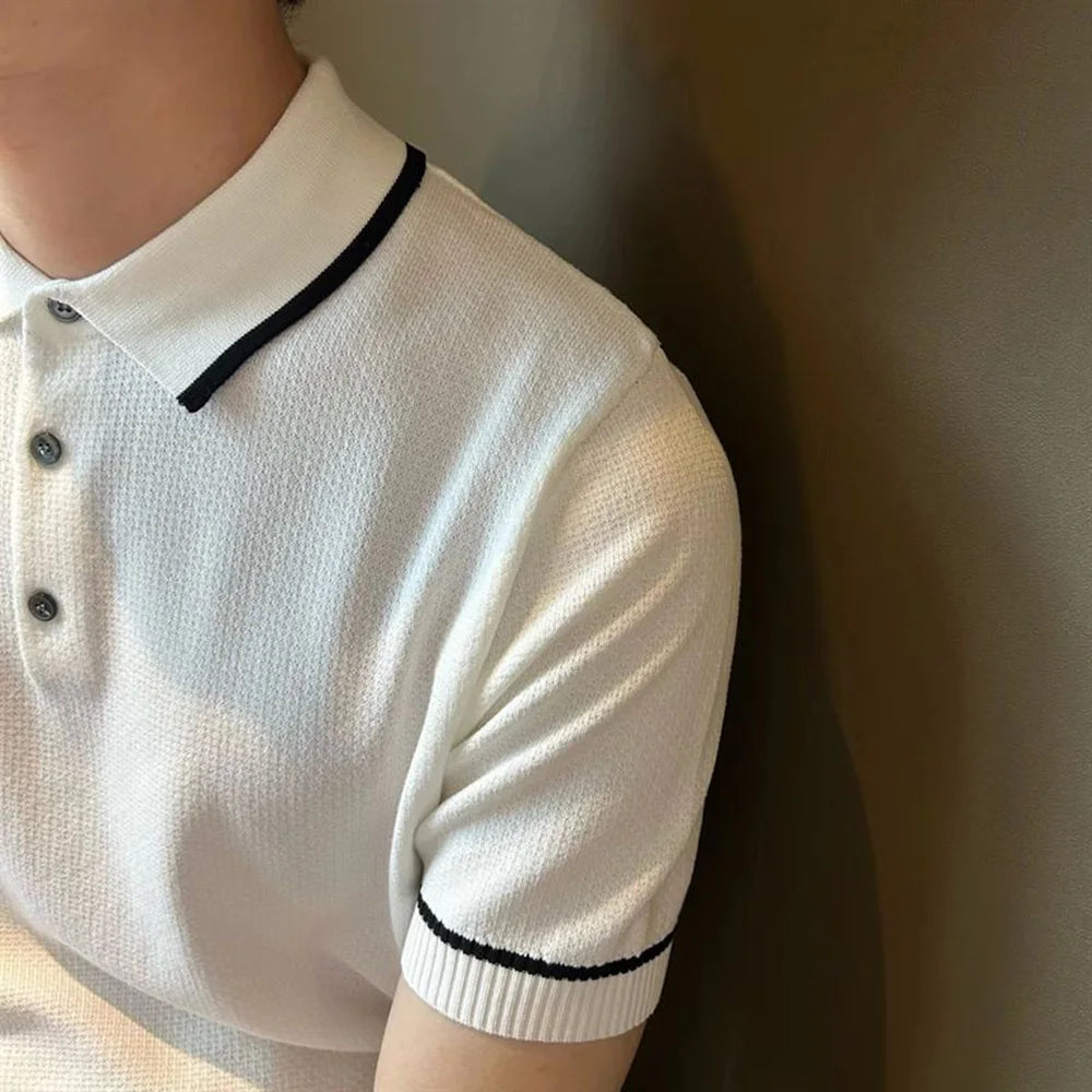 Mens Polo Shirt Knitted Office Work Daily Casual Short Sleeve Tops Ribbed Cuffs Slim Fit Fashion T Shirt Light Mature Style Mens